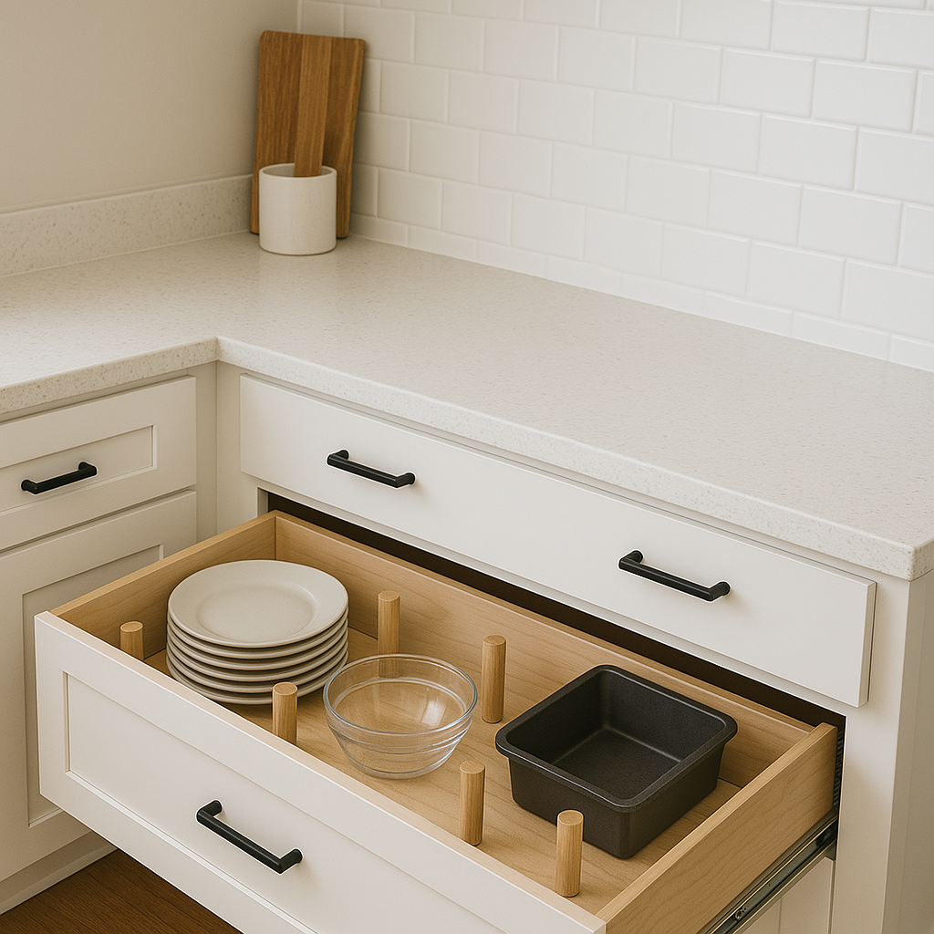 Partially open wooden kitchen drawer in white cabinetry neatly organizing plates, bowls, and baking utensils, optimizing storage space.