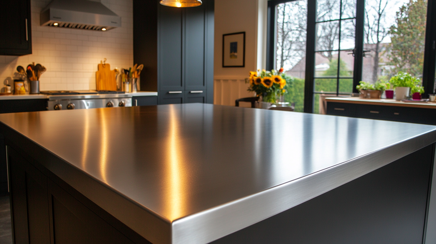 Modern kitchen island featuring brushed stainless steel countertop